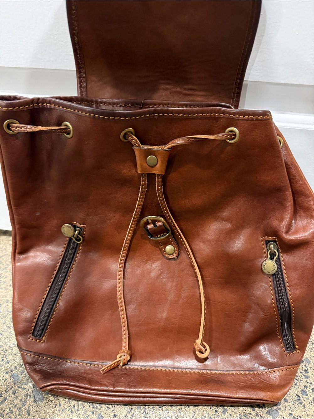 Brown Leather Drawstring Backpack - Picture 2 of 5